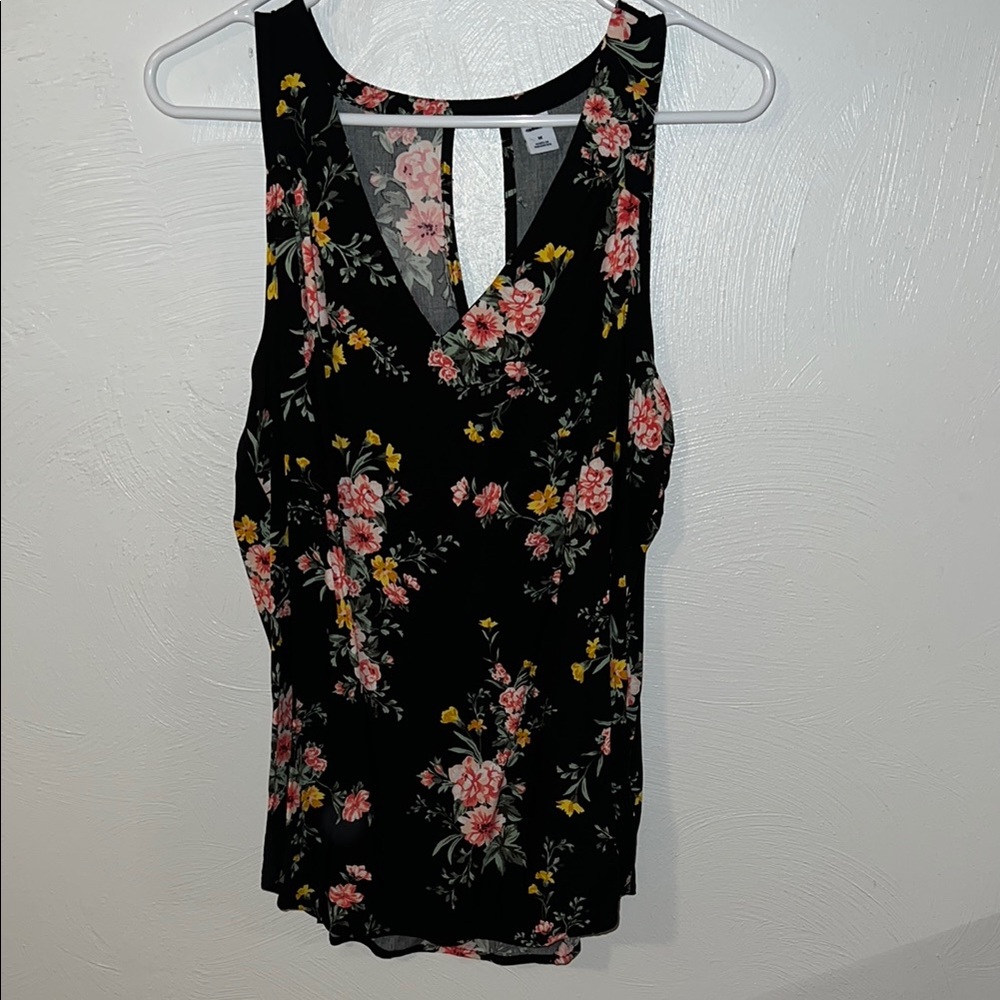 Floral Sleeveless Top - Black with Pink and Yellow Accents